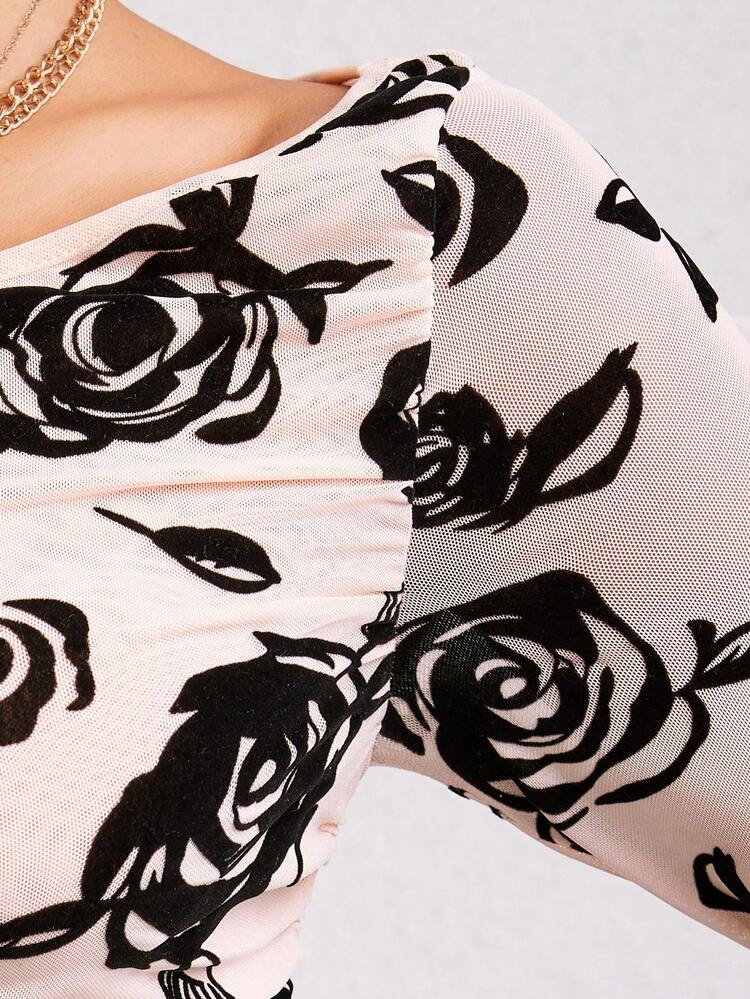 Floral Print Ruched Mesh Top