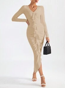 SHEIN Privé Ruffle Trim Ruched Asymmetrical Hem Bodycon Dress - Apricot - View 6