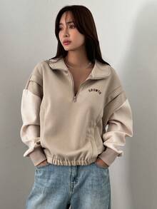 DAZY Của phụ nữ Nửa Zip Thả vai Áo nỉ - Màu Khaki - Xem 3