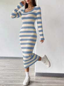 SHEIN Unity 修身條紋長袖貼身連身裙 - 彩色 - 查看 4