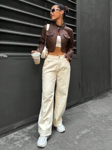 SHEIN Unity Chi tiết về Flap Mùa vụ Da giả Áo khoác - Cà phê nâu - Xem 4
