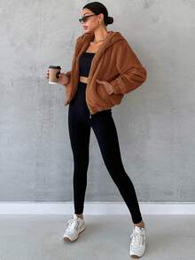 SHEIN Cottnline 拉鏈開襟連帽毛絨夾克 - 棕色 - 查看 4