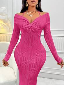 Zolique Twist Knot Backless Tie Back Bodycon Dress - Pink - View 4