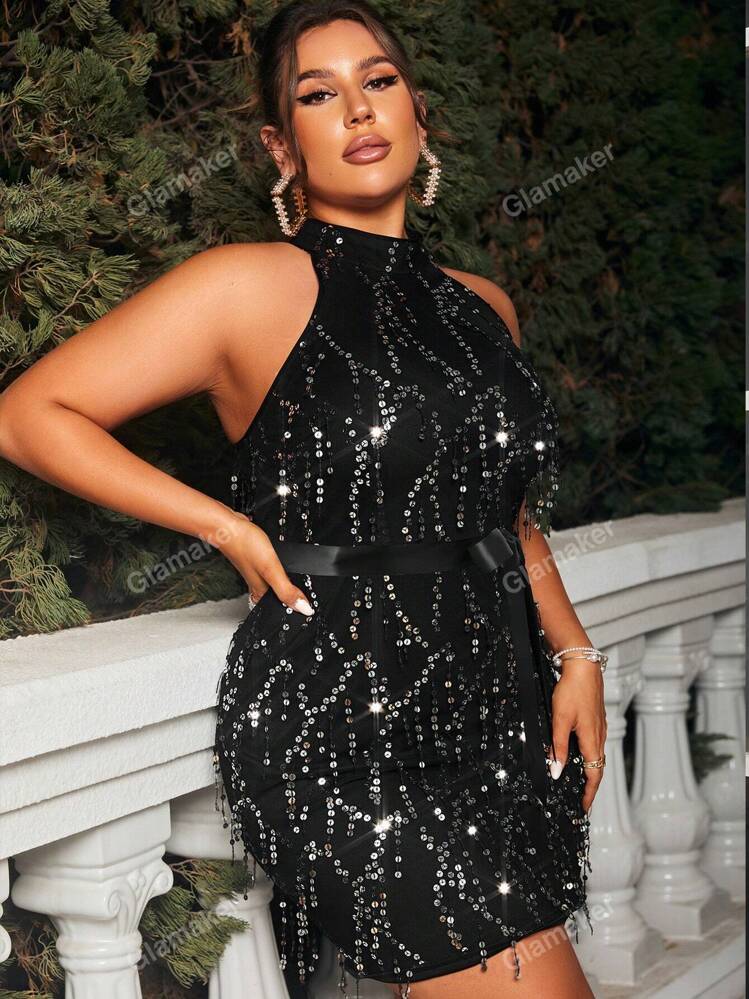 Glamaker Plus Size Glitter Halter Neck Maxi Dress SHEIN