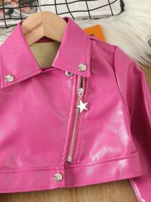 SHEIN Little Girls' Solid Color Short Jacket, Street Style, Autumn And Winter - Hot Pink - View 3