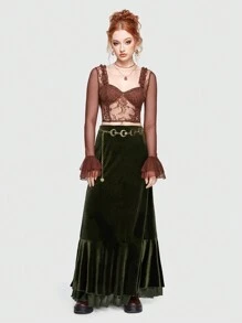 ROMWE Hippie Falda de talle alto bajo con fruncido de terciopelo - Verde Oscuro - Ver 2