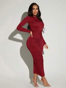 SHEIN SXY 百褶修身連衣裙 - 酒紅色 - 查看 3