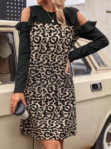 SHEIN LUNE Women's Leopard Print Splice Ruffle Hem Dress With Double Pockets - Multicolor - View 5