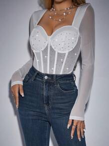 Allurite Body De Malla De Manga Larga Para Mujer Con Decoración De Diamantes De Imitación - Blanco - Ver 4