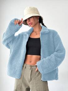RueChic Drop Shoulder Zip-Front Teddy Coat - Baby Blue - View 4
