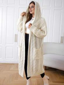 SHEIN EZwear 女式大尺碼長款連帽針織開衫毛衣 - 白色 - 查看 4