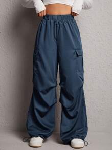 SHEIN PETITE Pantalones De Paracaídas Laterales Con Bolsillo De Solapa - Neblina azul - Ver 1