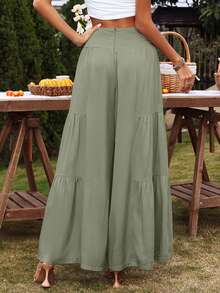 SHEIN VCAY Wide Waistband Ruffle Hem Wide Leg Pants - Army Green - View 3