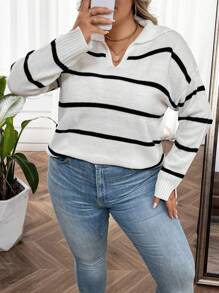 SHEIN CURVE+ Plus Striped Pattern Drop Shoulder Sweater Knit Pullover Fall Winter Sweater - Black and White - View 5