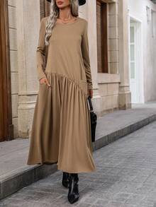 SHEIN LUNE Women's Solid Color Swing Dress - Brown - View 4