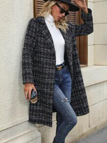 SHEIN LUNE 格紋圖案西裝領粗花呢花呢外套 - 黑色 - 查看 1