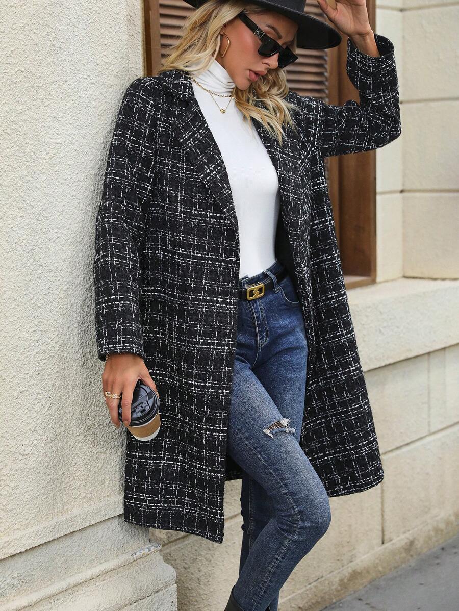 SHEIN LUNE 格紋圖案西裝領粗花呢花呢外套 - 黑色 - 查看 1