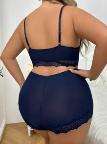 Plus Size Hollow Out Patchwork Lace Lingerie Set, Bra & Panty Set
