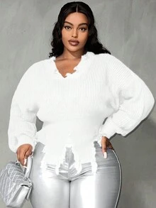 Slaydiva 加落肩仿舊毛衣 - 白色 - 查看 4