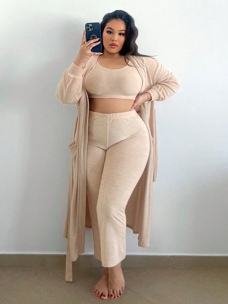 SHEIN SXY 大碼背心、外套和帶子褲子三件套裝 - 杏色 - 查看 1