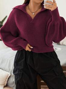 Flirla Suéter De Talla Grande Con Mangas De Linterna Y Cuello Redondo - Burdeos - Ver 7