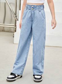 SHEIN 青少女基本休閒中藍色清爽質感牛仔褲,高腰寬鬆版型 - 淺色水洗藍 - 查看 5