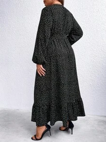SHEIN LUNE 大尺碼女式圓點腰帶連身裙 - 黑色 - 查看 2