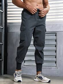 Manfinity Sport Corelite Men's Letter Print Drawstring Jogger Pants With Cargo Pockets
