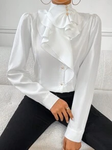 Firerie Women's Ruffle Peplum Hem Puff Sleeve Work Women Blouse,Long Sleeve Tops