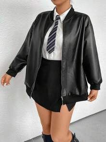 Flirla Plus Size Pu Casual Jacket - Black - View 4
