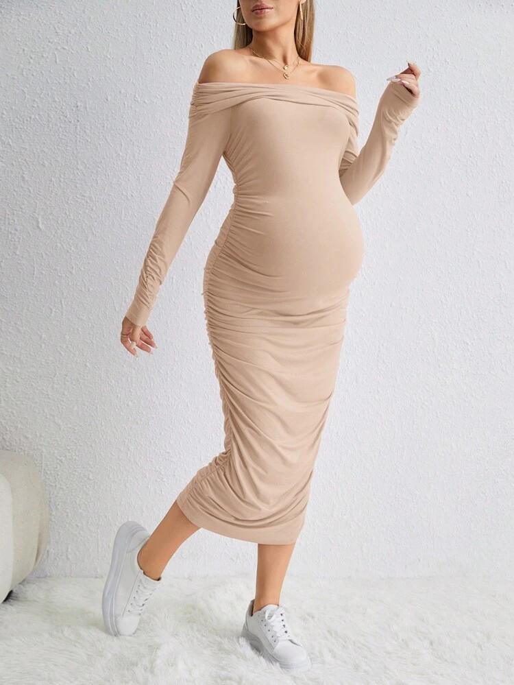 Maternity Off Shoulder Ruched Bodycon Dress