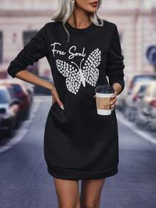 SHEIN LUNE Hoạt hình Bướm & Chữ cái Đầm nỉ - màu đen - Xem 1