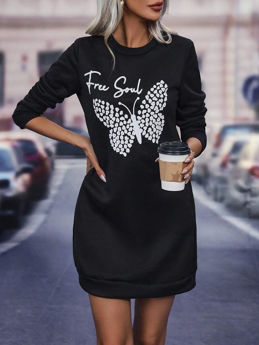 SHEIN LUNE Hoạt hình Bướm & Chữ cái Đầm nỉ - màu đen - Xem 1