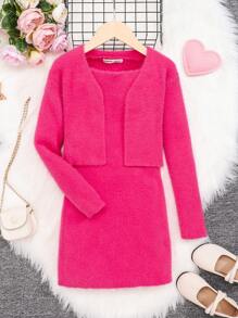 SHEIN Tween Girls' Athletic Long Sleeve Cardigan Sweater And Dress Outfit - Hot Pink - View 1