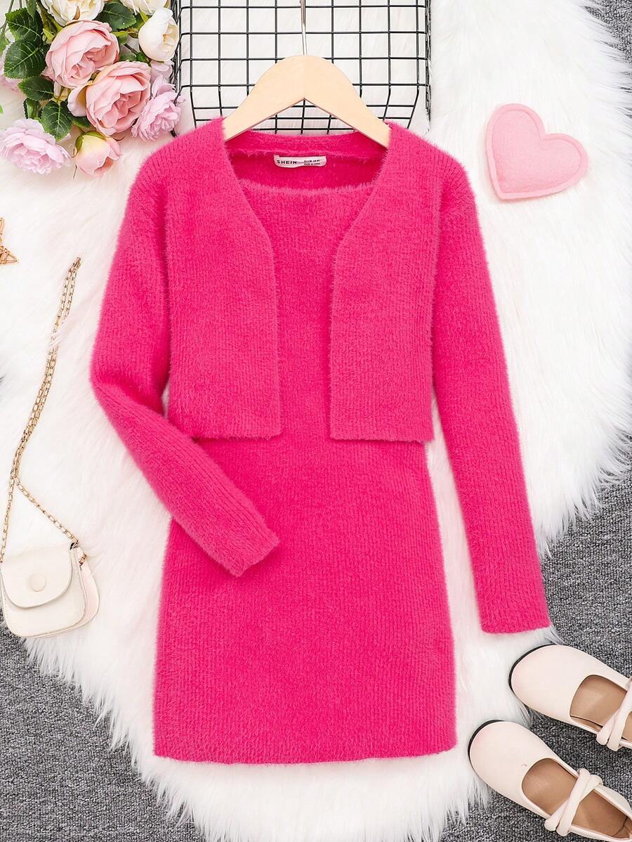 SHEIN Tween Girls' Athletic Long Sleeve Cardigan Sweater And Dress Outfit - Hot Pink - View 1