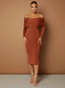 SHEIN BAE 露肩裹身交叉繫帶修身連身裙 - 鏽棕色 - 查看 8