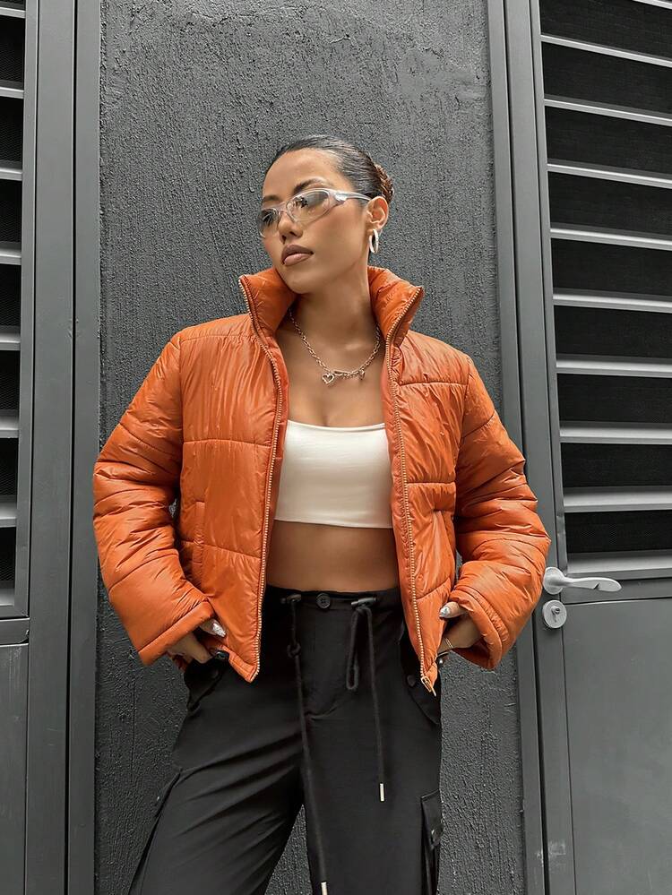 Zipper Front Short Padded Padded Coat Clothes Winter Fall Cloth For Women