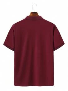 Manfinity Homme Men's Plain Button Front Polo Shirt, Maroon Polo Shirt Men, Men's Red Polo Shirt, Burgundy T-Shirt Men, Red T-Shirt Men - Burgundy - View 3