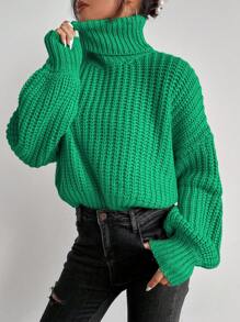 SHEIN Essnce Cổ áo cao Thả vai Áo len - màu xanh lá - Xem 4