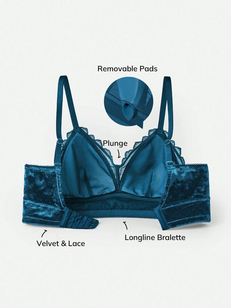Sujetador sexy tipo bralette de terciopelo con encaje, de escote en V y largo