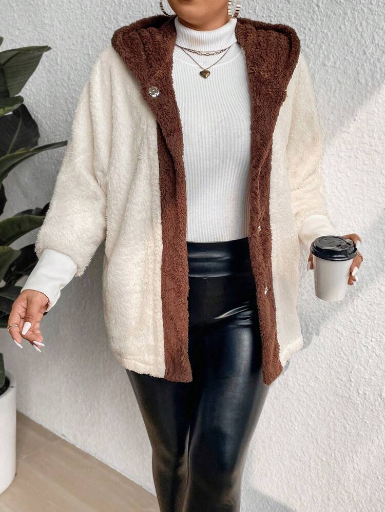 Plus Size Casual Contrast Color Patchwork Fluffy Hooded Coat, Thermal For Autumn/Winter