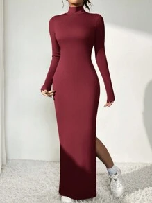 SHEIN Essnce Women's Slit Long Sleeve Dress - Burgundy - View 3