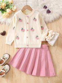 SHEIN 小的女孩3D草莓刺繡套頭毛衣套裝 - 粉色 - 查看 1