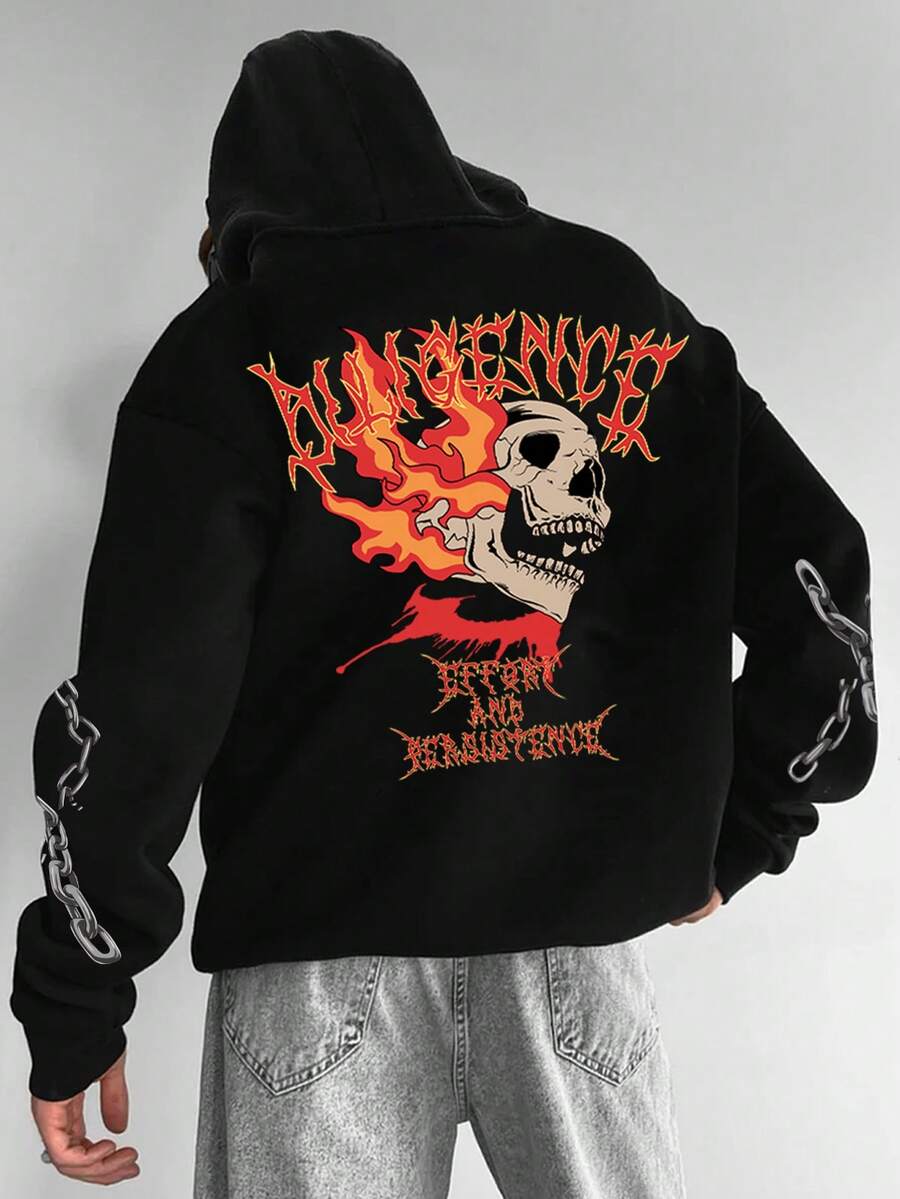 Manfinity EMRG 男款口號和骷髏印花寬鬆連帽衫 - 黑色 - 查看 1