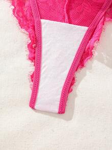 SHEIN Conjunto De Lencería Con Ribete De Encaje - Rosa Fucsia - Ver 4