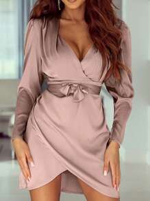 粉色絲綢褶皺v領自綁腰帶迷你裙
