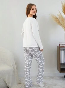 RueChic Teen Girl's Letter Printed Home Clothes Set Including Eye Mask - White - View 2