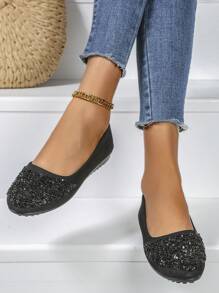 Women's Large Size Round Toe Slip-on Ballet Flats With Glitter Detail In Black - Beige - View 5