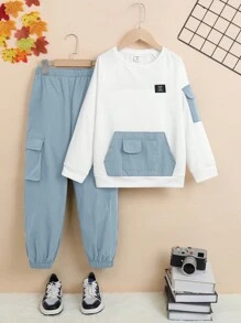 SHEIN Cậu bé Tween Chi tiết Patched thư Túi có nắp Áo len & quần - Màu xanh lam - Xem 1