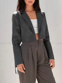 SHEIN EZwear 女士條紋短款西裝外套,腰間綁帶設計和偽口袋細節 - 灰色 - 查看 3